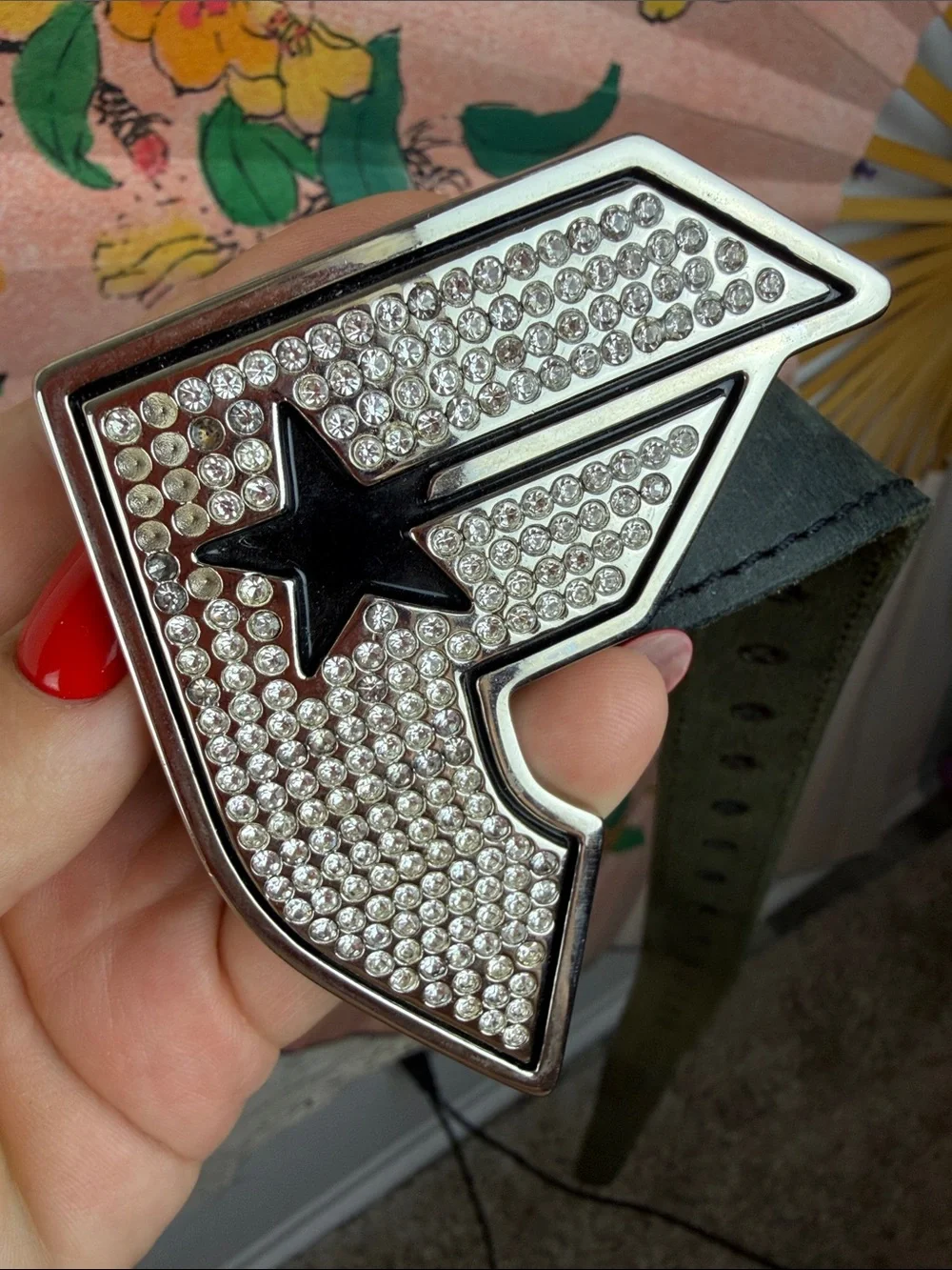 Famous Star & Straps Black Leather Belt w. Buckle Initial F Silver Metal 36